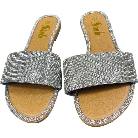 Shein Silver Round Toe Rhinestone Flat Sandals - Picture 1 of 12
